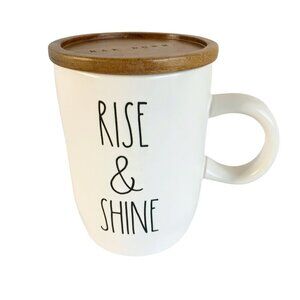 Rae Dunn Rise & Shine Morning Coffee Mug with Wood Lid Holds 16oz
